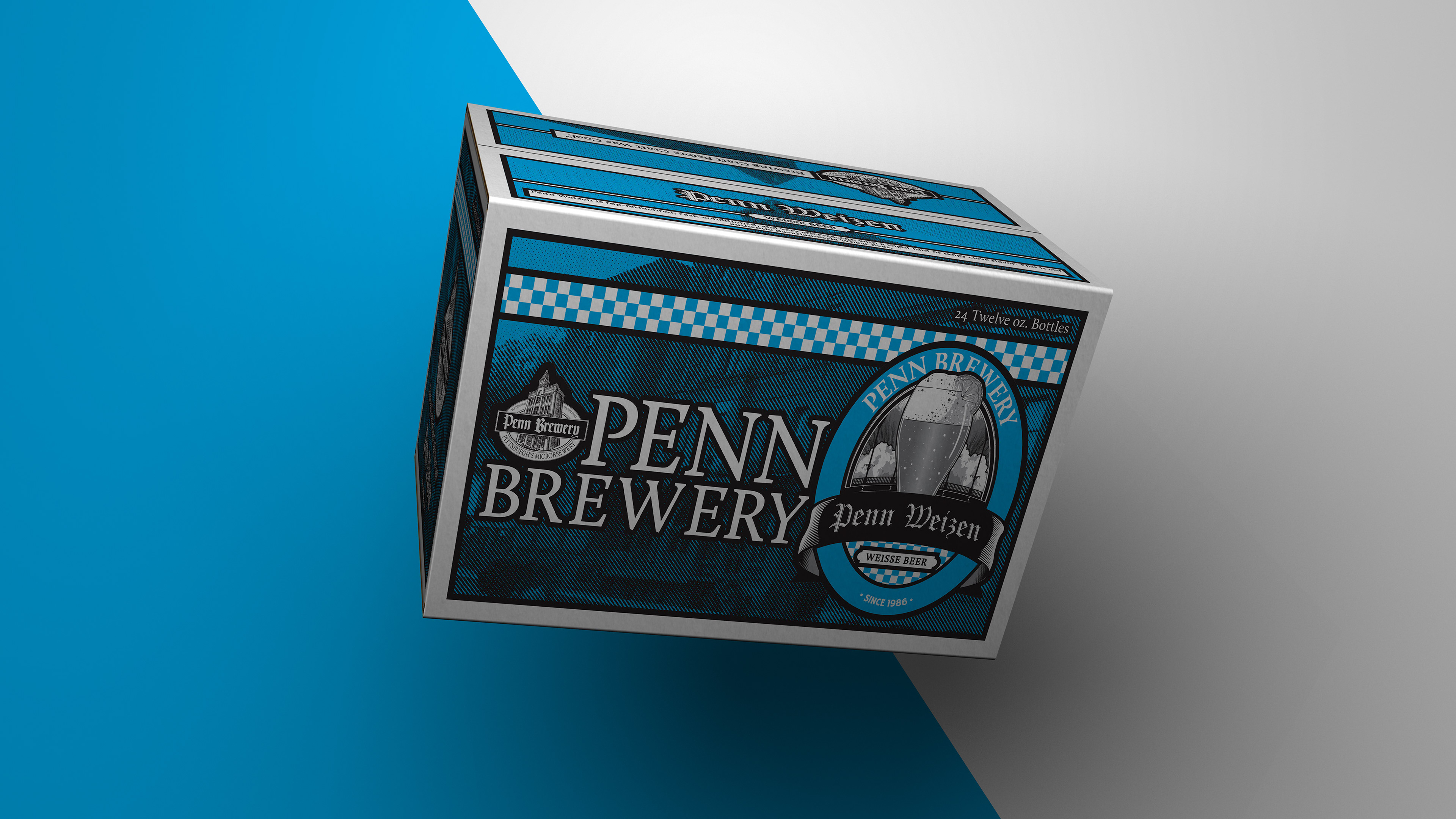 Photoshop 3D Rendering of Penn Brewery's, Penn Weizen 24 pack corrugated case designed by Andrew Thompson