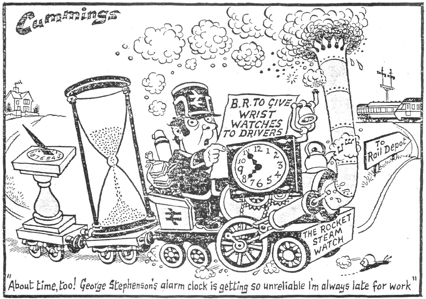 Cartoon by Cummings showing the influence of the Railways on Time keeping (B.R. = British Rail)