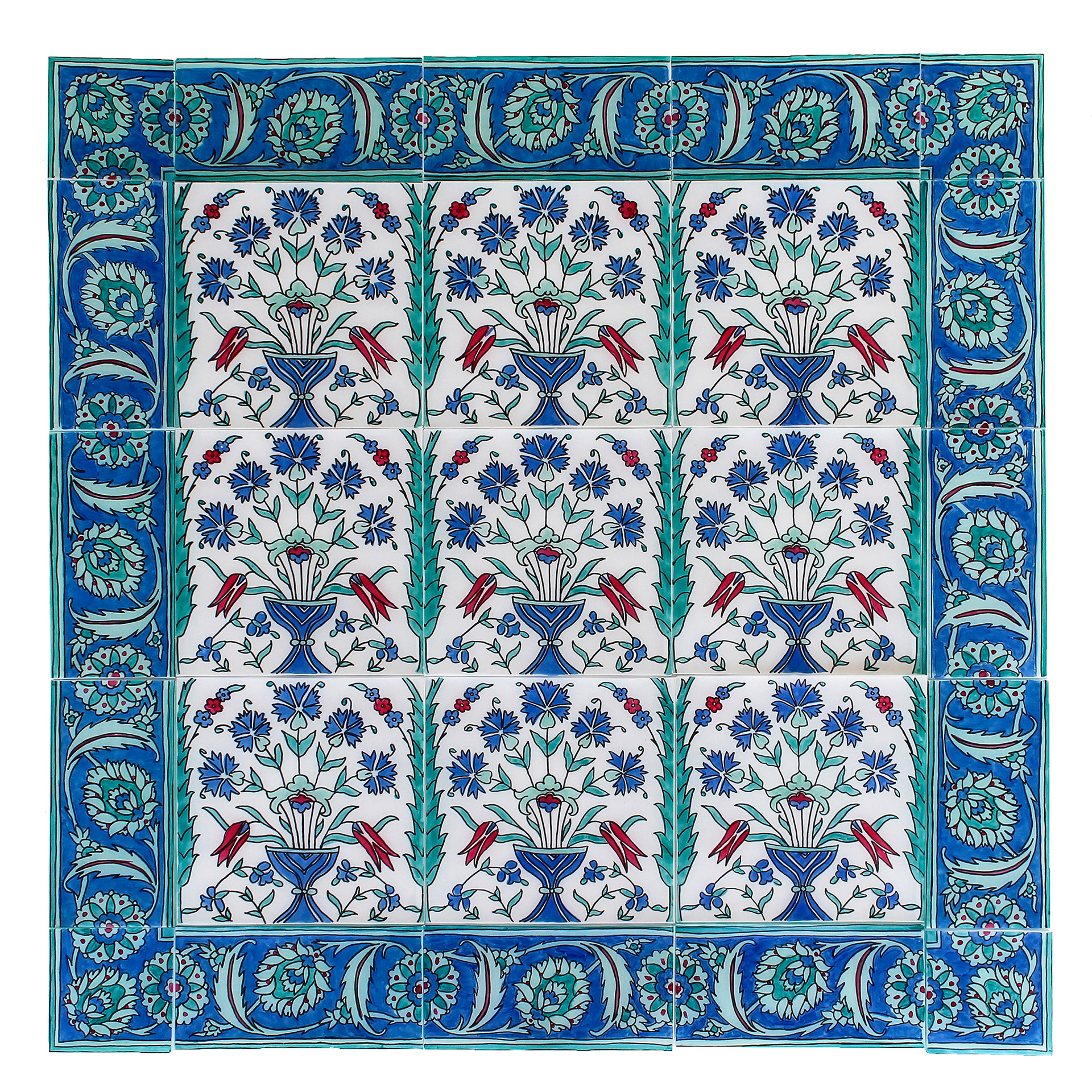 "Their Natural State" - A collection of hand drawn paper vellum tiles that creates a large square of patterns. An exterior collection of tiles creates a floral frame with mostly blue and turquoise tones. The interior tiles show floral imagery inside of a simple vase, with blue, red, green, and turquoise on top of a white background.