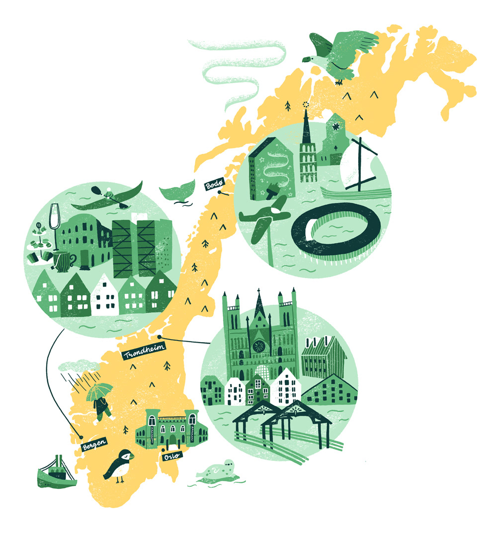 Illustrated map of Norway by Josephine Skapare
