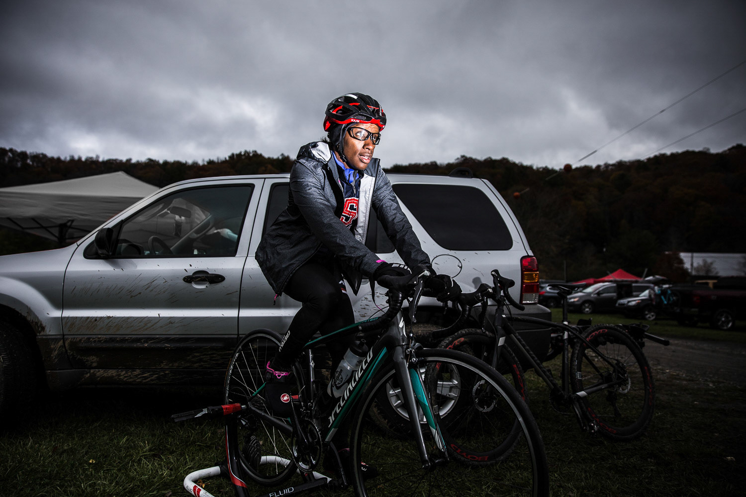 Tanya Harris rides her bicycle on a trainer before her race to follow at the OrthoCarolina NC Cyclocross 2017-2018 in Boone, North Carolina on October 29, 2017.