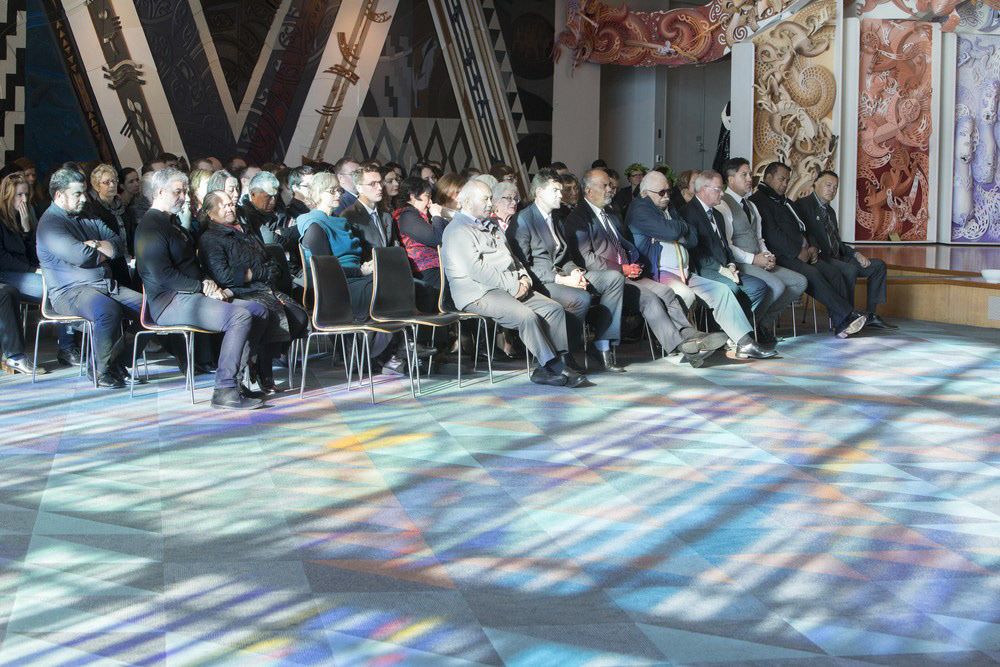 Welcome ceremony with the elders and representatives of the local iwi (groups) Te Ati Awa and Ngati Toa Rangatira with the support of Te Papa Tongarewa's leadership and staff, as well as New Zealand government officials and community representatives. Pictured: 'unknowing', Justin Lester (Mayor of Wellington), Hon. Te Ururua Flavell (Minister for Maori development), 'unknowing', Rick Ellis (Te Papa's Chief Executive, Paora Tibble (iwi development officer), Taku Parae and Te Waari Carkeek (Ngati Toa). Photo by Kate Whitley, May 25, 2015.Te Papa