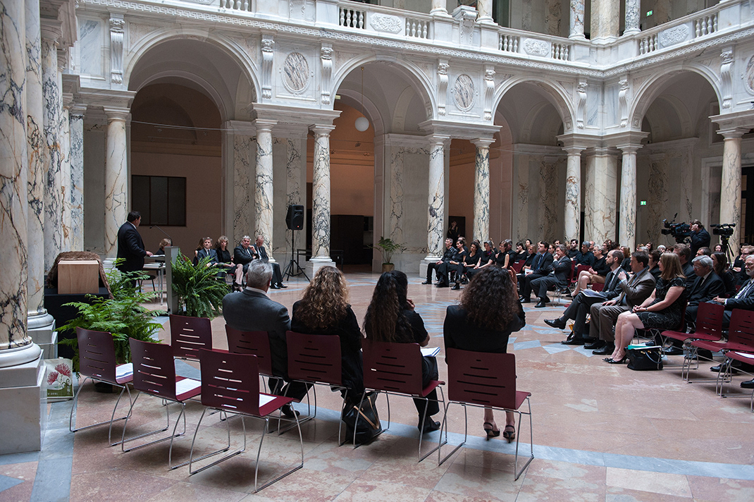 Formal handover ceremony of Maori human remains in the Hall of Columns Vienna World Museum. Photo: KHM Museum Association