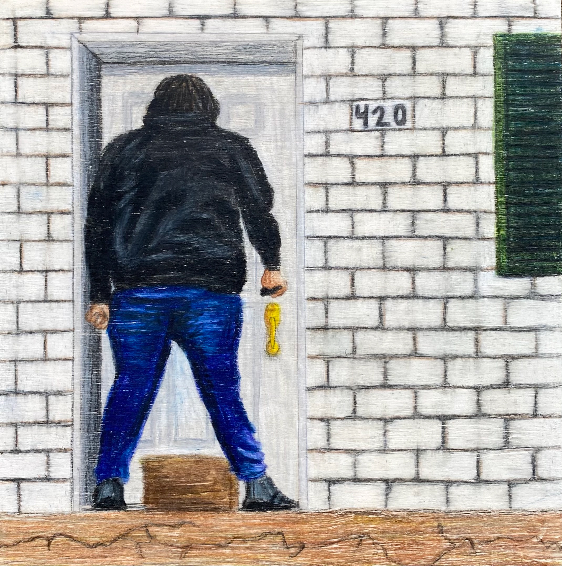 "Livraison", 6"x6", Pencil Crayon on Wood Panel, 2020