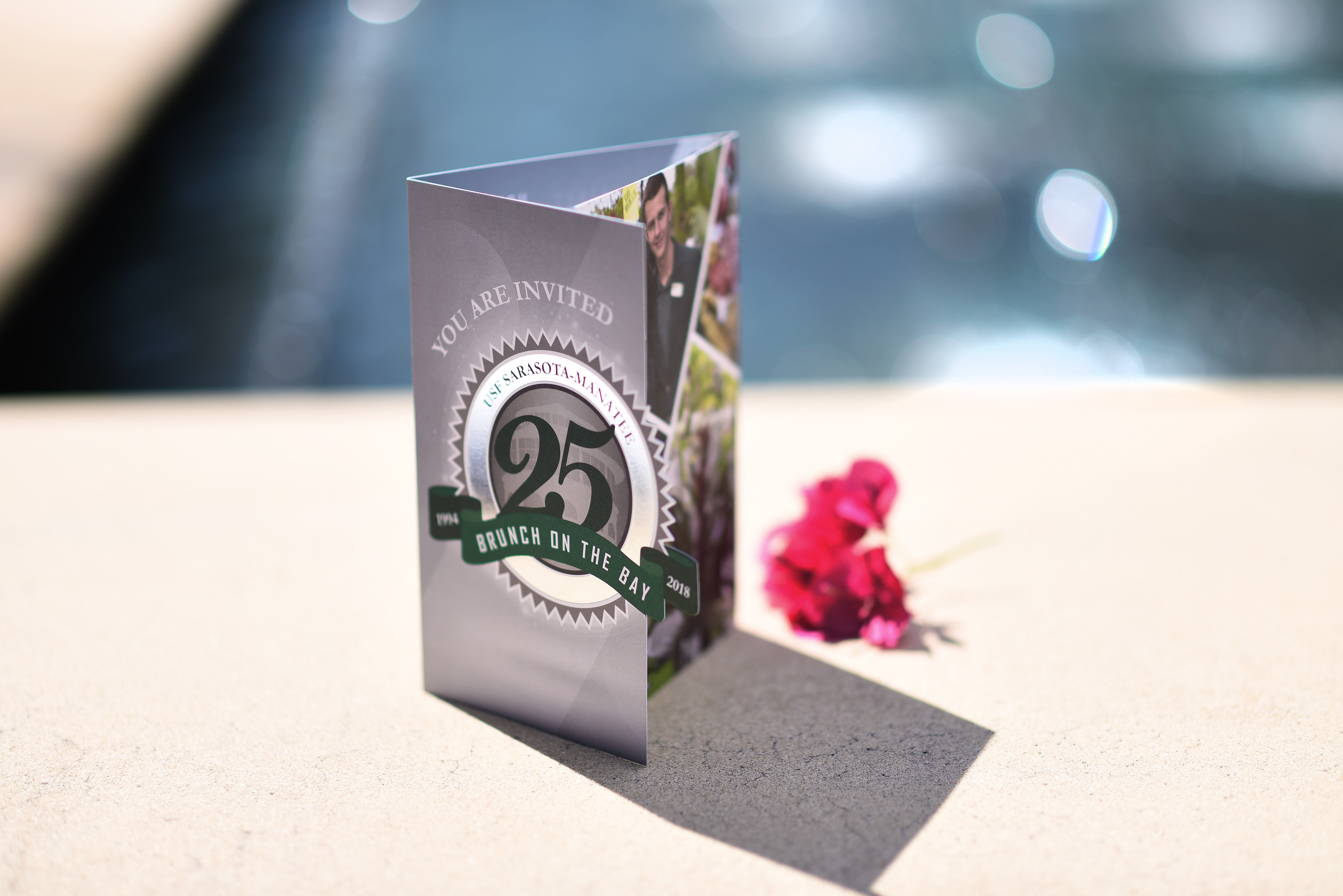 Silver 25th Anniversary event invitation with silver foil and custom diecut