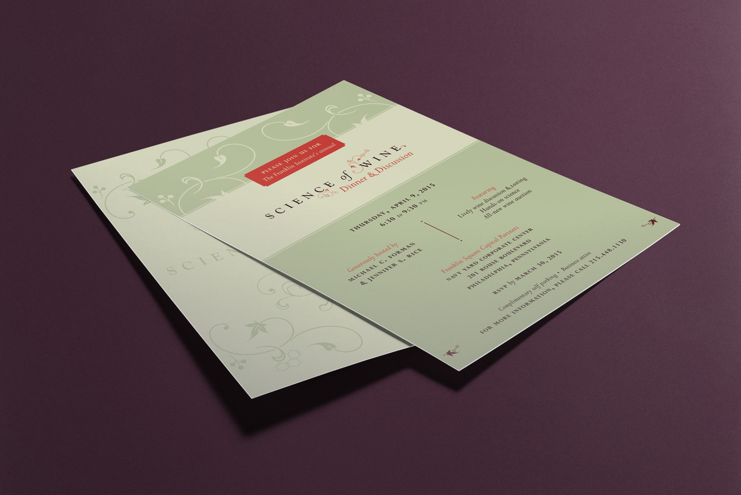 Front and back of the "science of wine" invitation