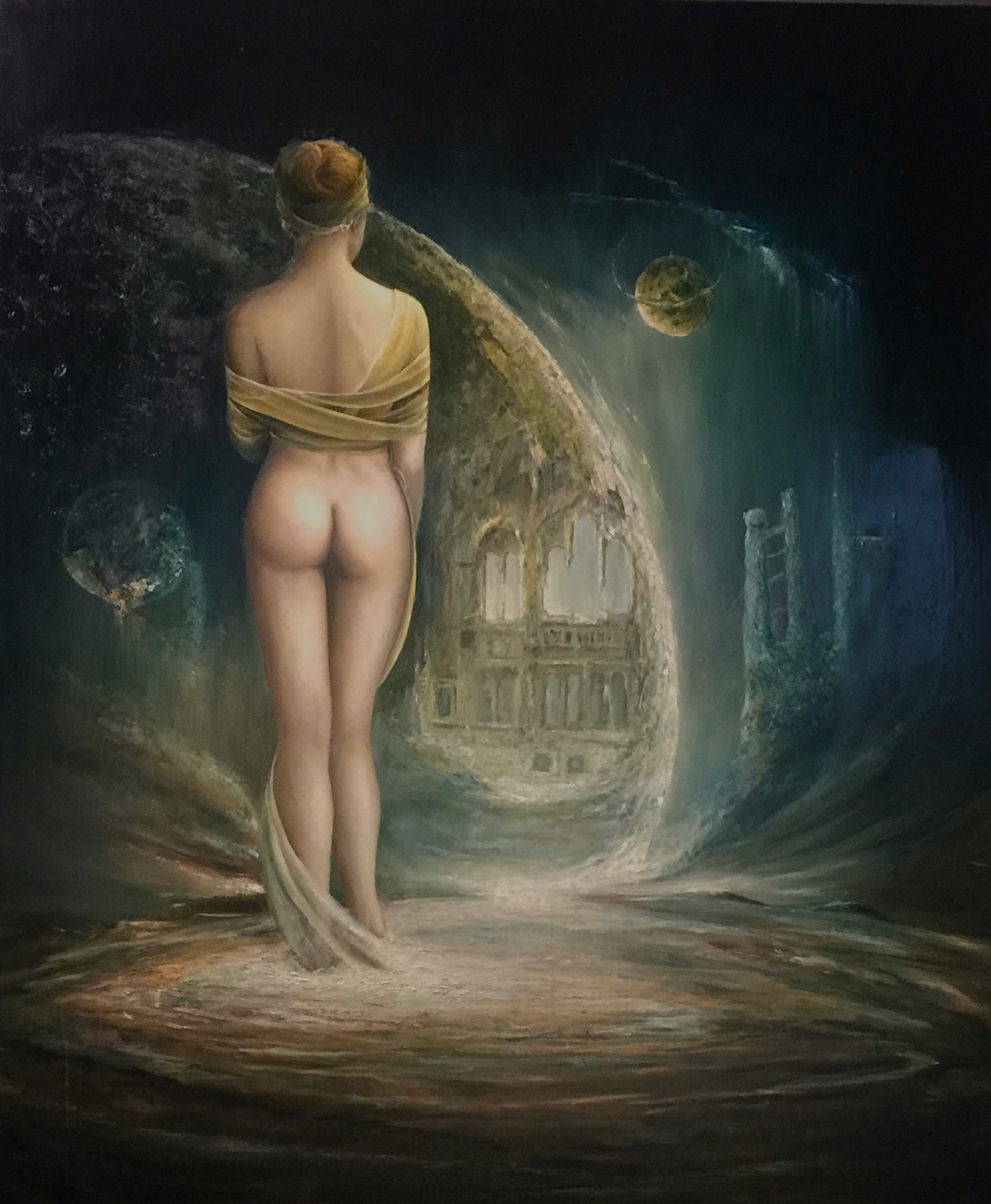 Algrim,master algrim, oil painting on canvas "The secret" 180x150cm, painted with natural earth and mineral pigment. Grained with purified walnut oil. Lead white, lead tin yellow, Verona green, raw umbra, raw Sienna, burnt Sienna, azurite, malachite, bone black, orpiment, regalar, volkonskoite, lapis lazuli, yellow ochre.