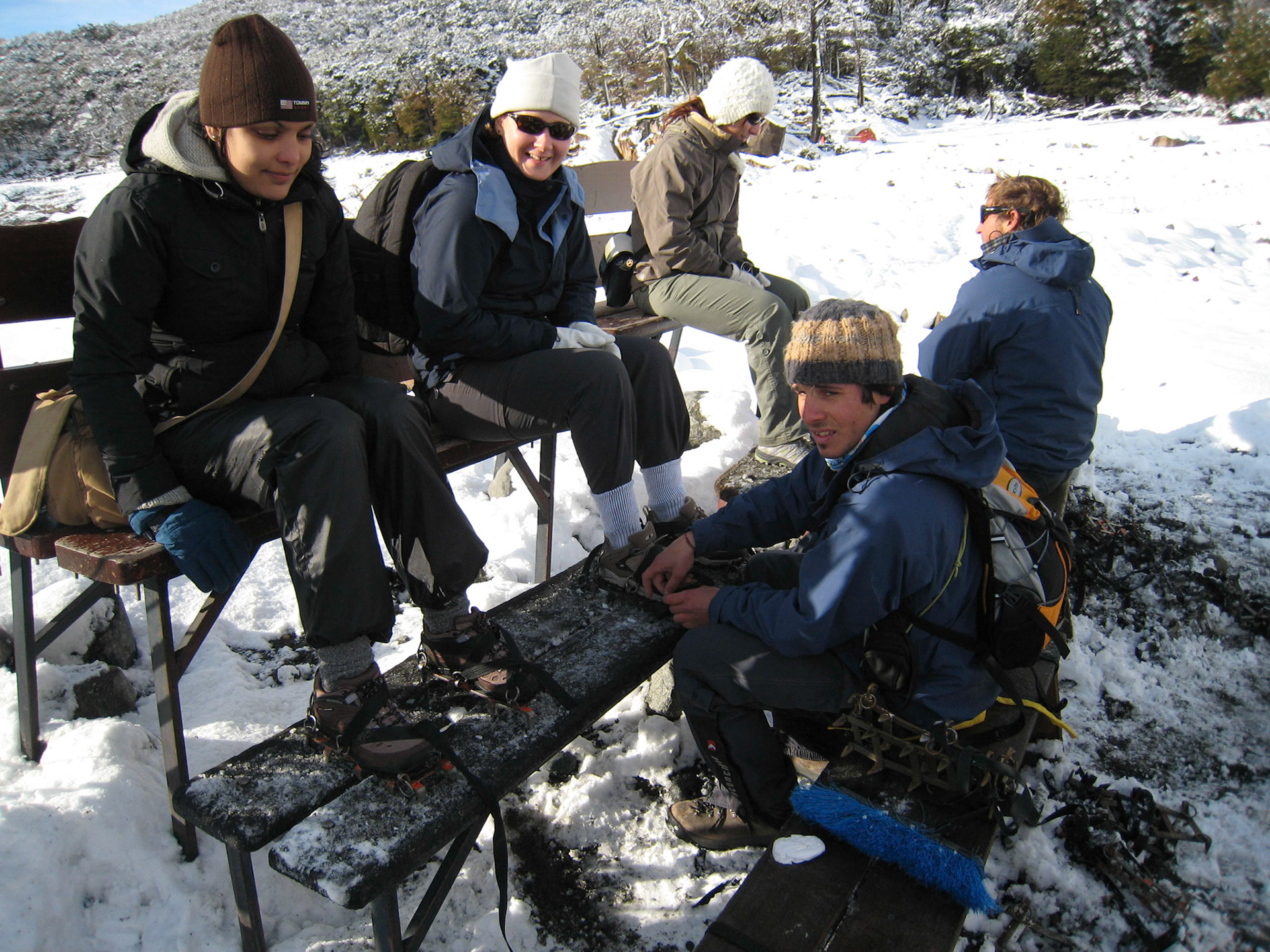 Being fitted with crampons