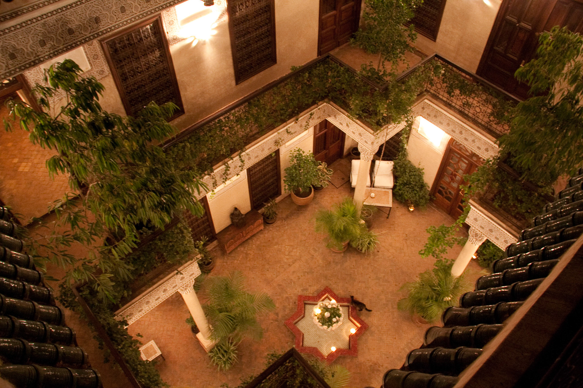 Looking down into small courtyard at night