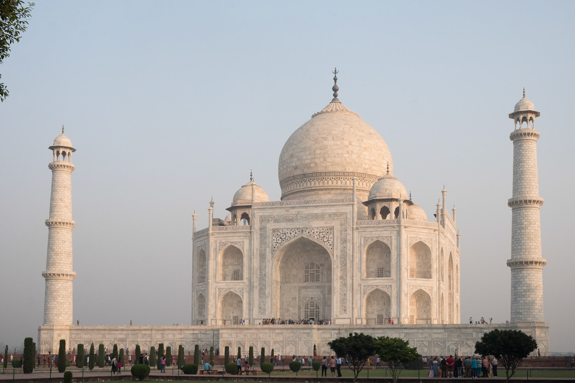 Taj Mahal at sunrise, only two minarets visible