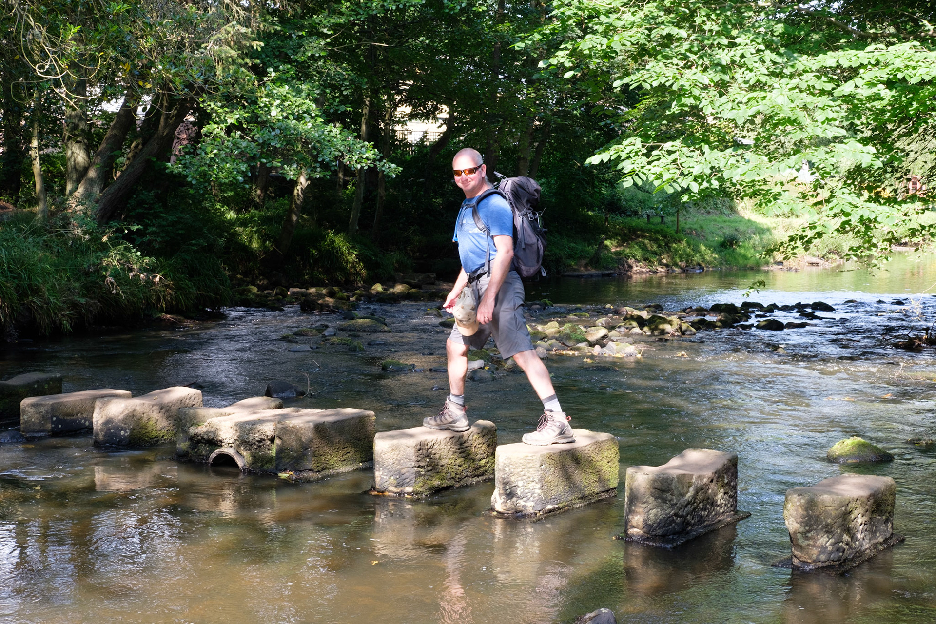 Crossing the stepping stones at Egton Bridge
