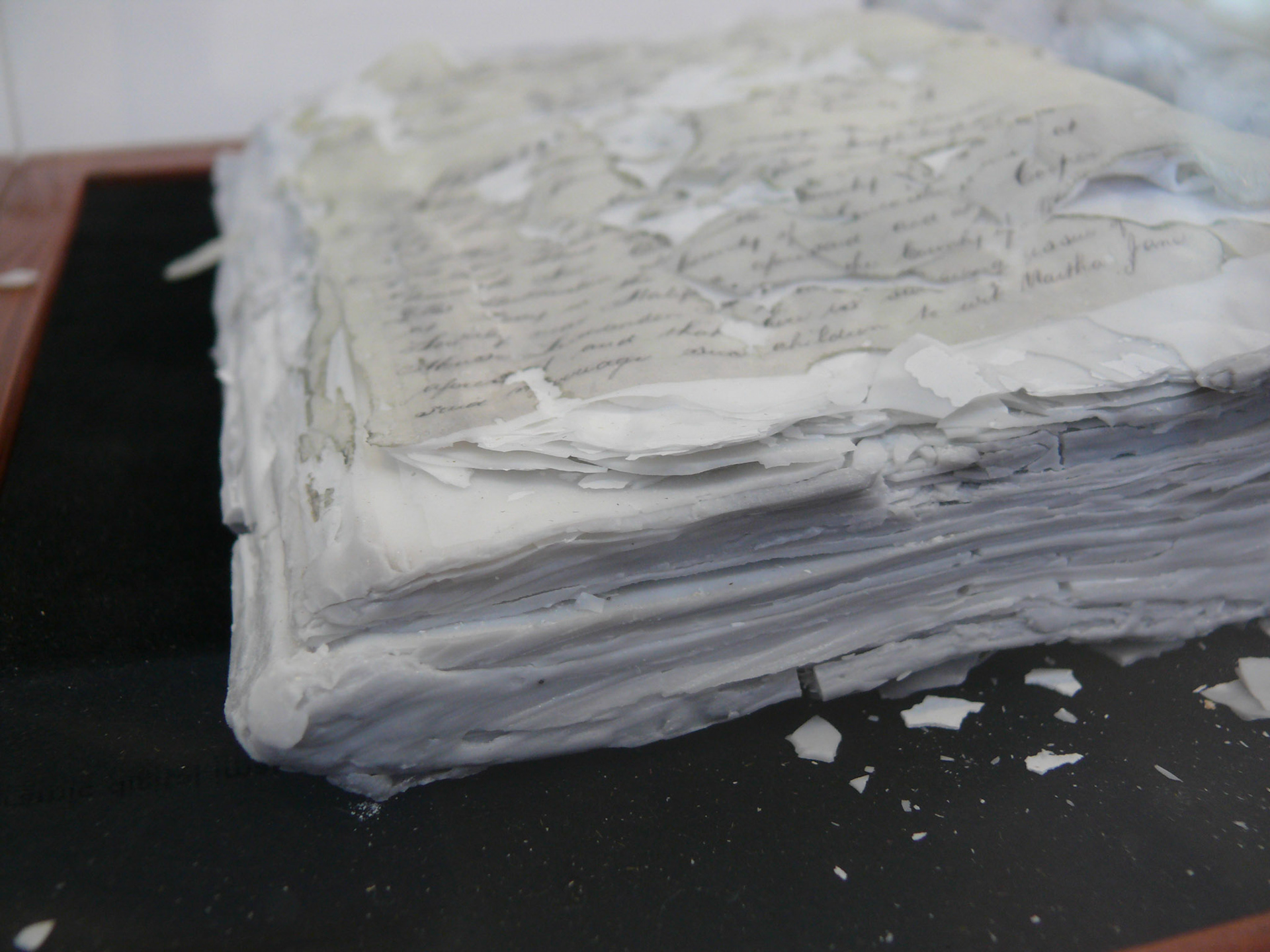 Porcelain book printed with 1894 family divorce (detail)