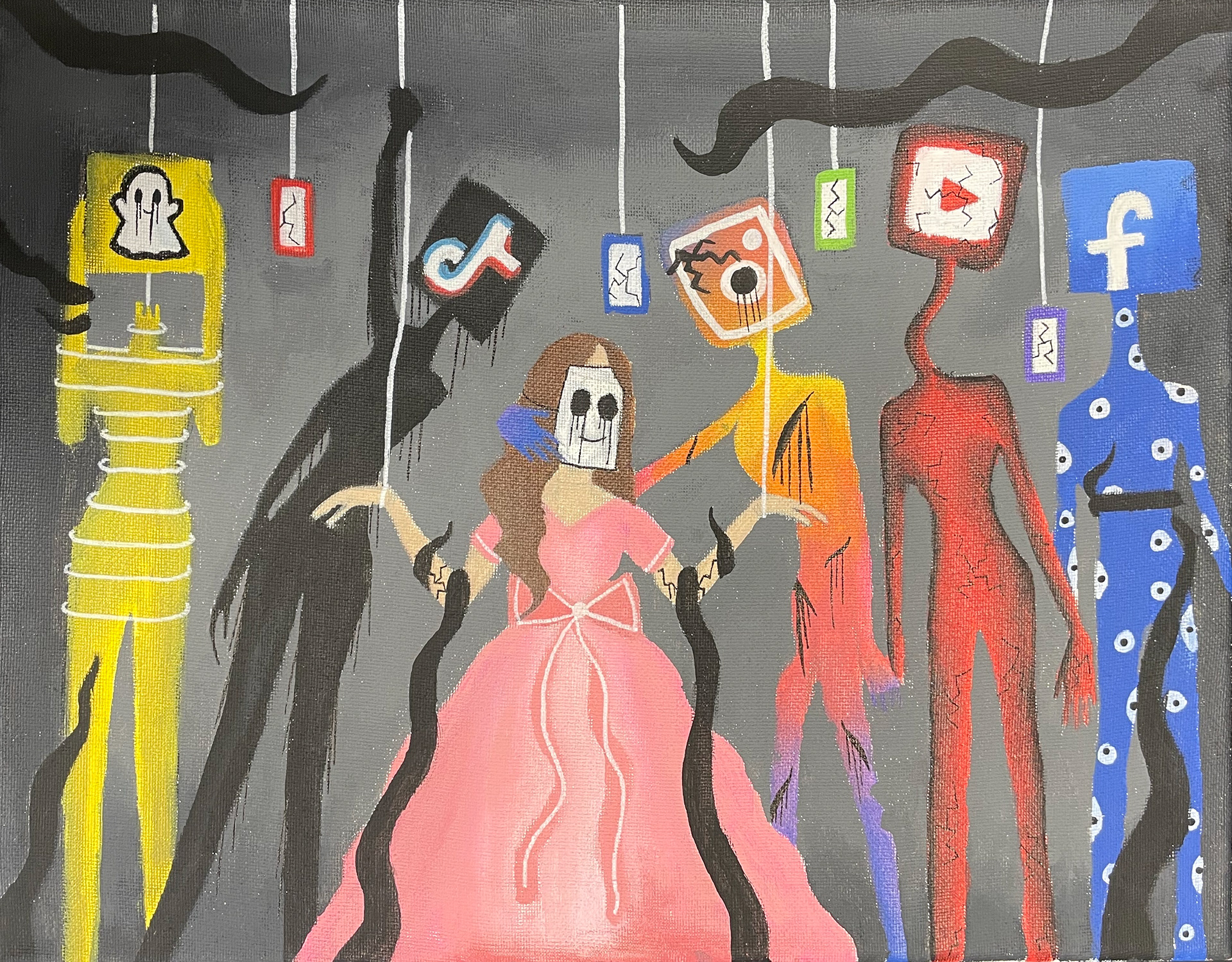 Sienna Stephens, Corruption of Social Media, Painting, St. Angela Merici School, Educator: Erin Kraly, Grade 8, Gold Key Award