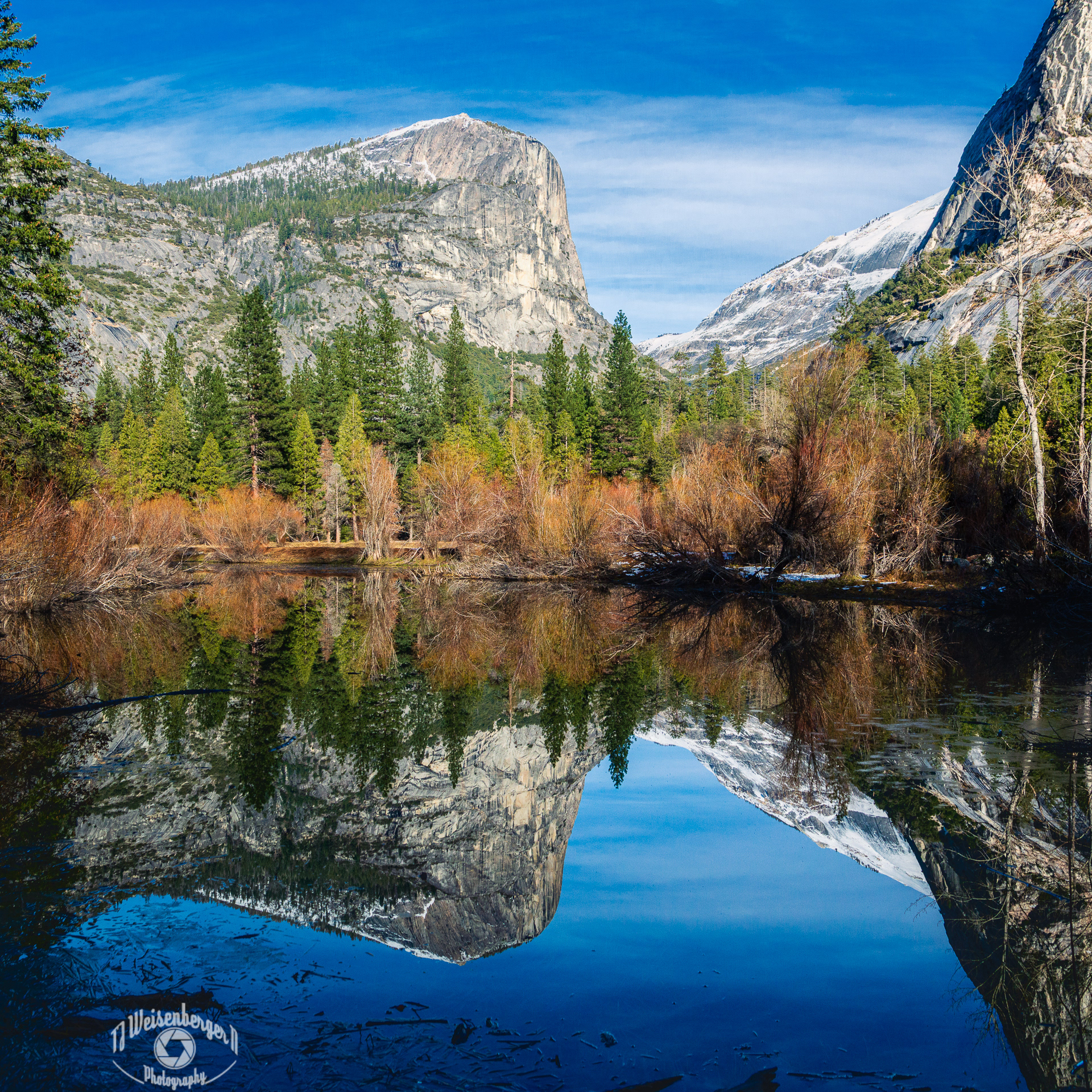 Mt. Watkins Reflects on Mirror Lake, Yosemite National Park - California; California; Environment; Landscape; Landscape - Scenery; Mirror Lake; Mountain; National Park; No People; Panoramic; Photography; Planet Earth; Reflection; River; Scenics - Nature; Tenaya Creek; Tourism; Travel; Travel Destinations; Valley; Water; Yosemite; Yosemite Valley; nature; outdoors; winter; T.J.; TJ; Weiseberger