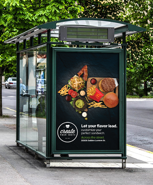 McDonald's Create Your Taste logo targeted bus shelter