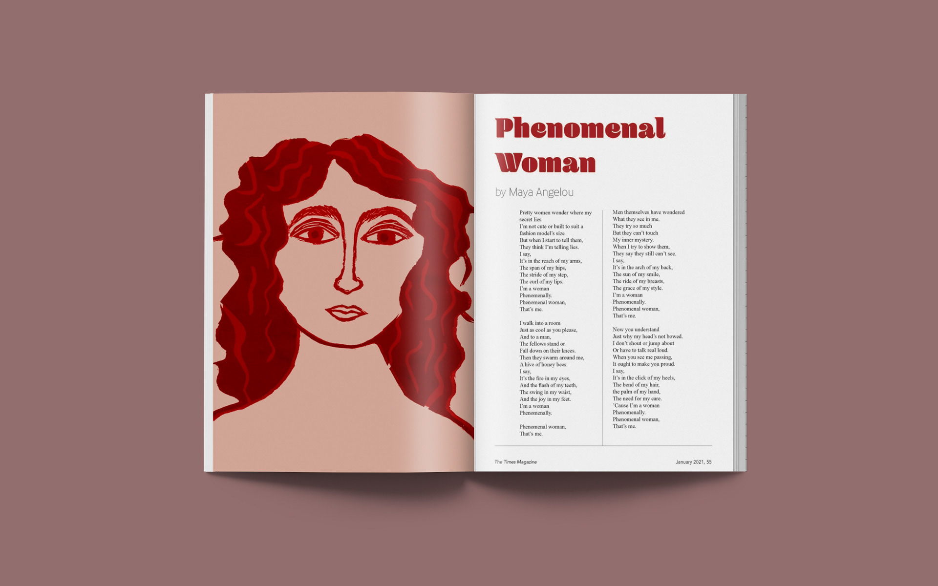 Magazine Spread Design for "Phenomenal Woman" by Maya Angelou