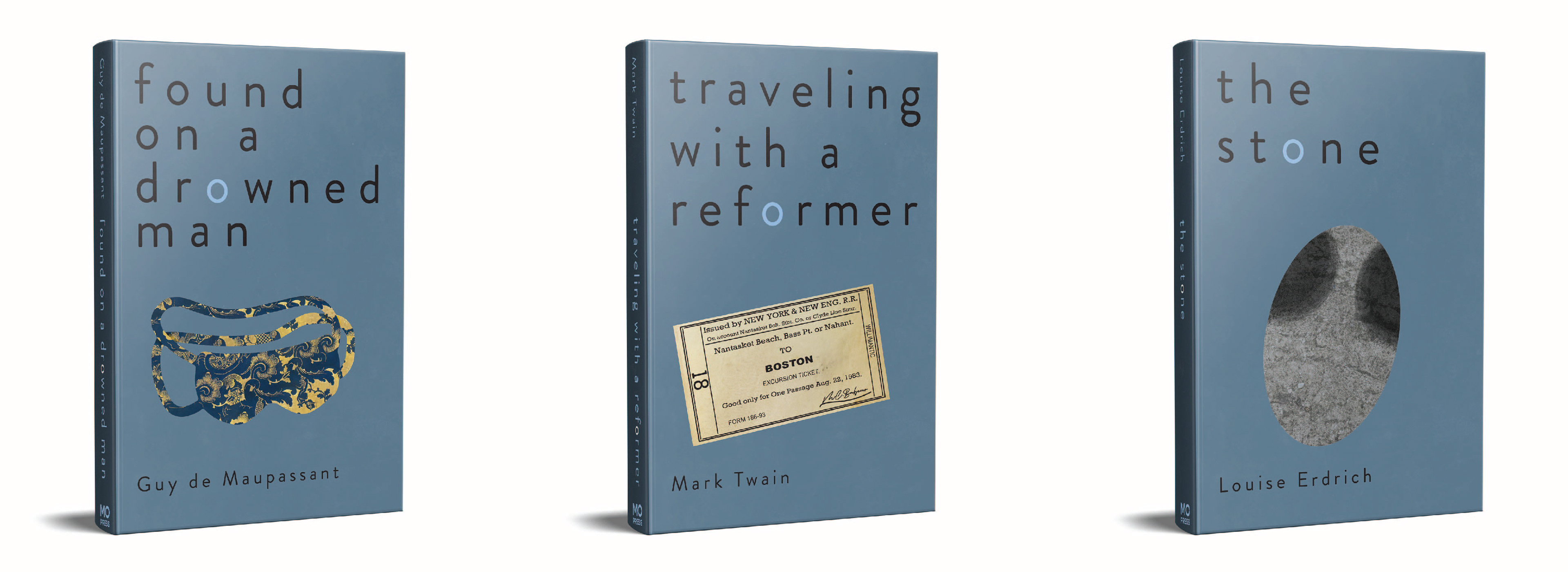 Book Series Design of "Found on a Drowned Man", "Traveling with a Reformer", and "The Stone."