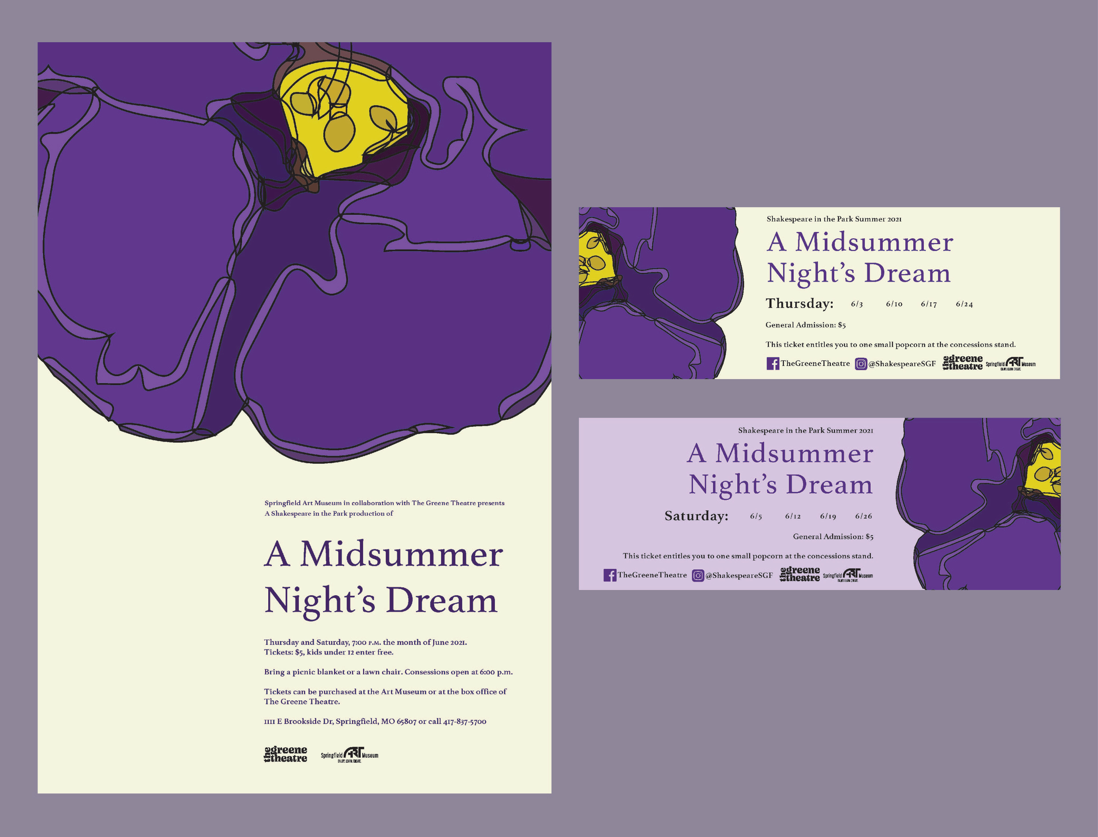 Poster Design (left) and ticket designs (right) for "A Midsummer Night's Dream"
