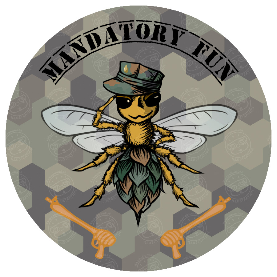 Logo design for Mandatory Fun, featuring their mascot Major Buzz