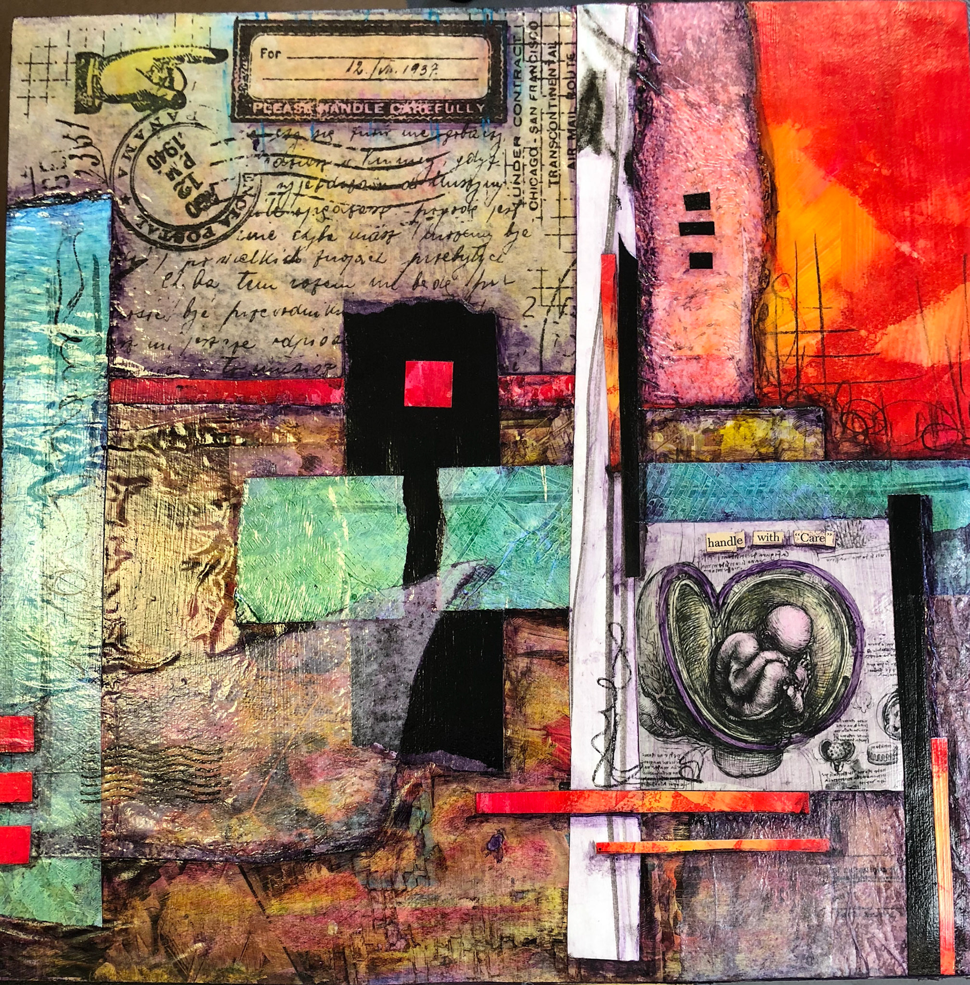 "Please Handle Carefully" :: 12x12 Collage on Cradled Panel :: $145