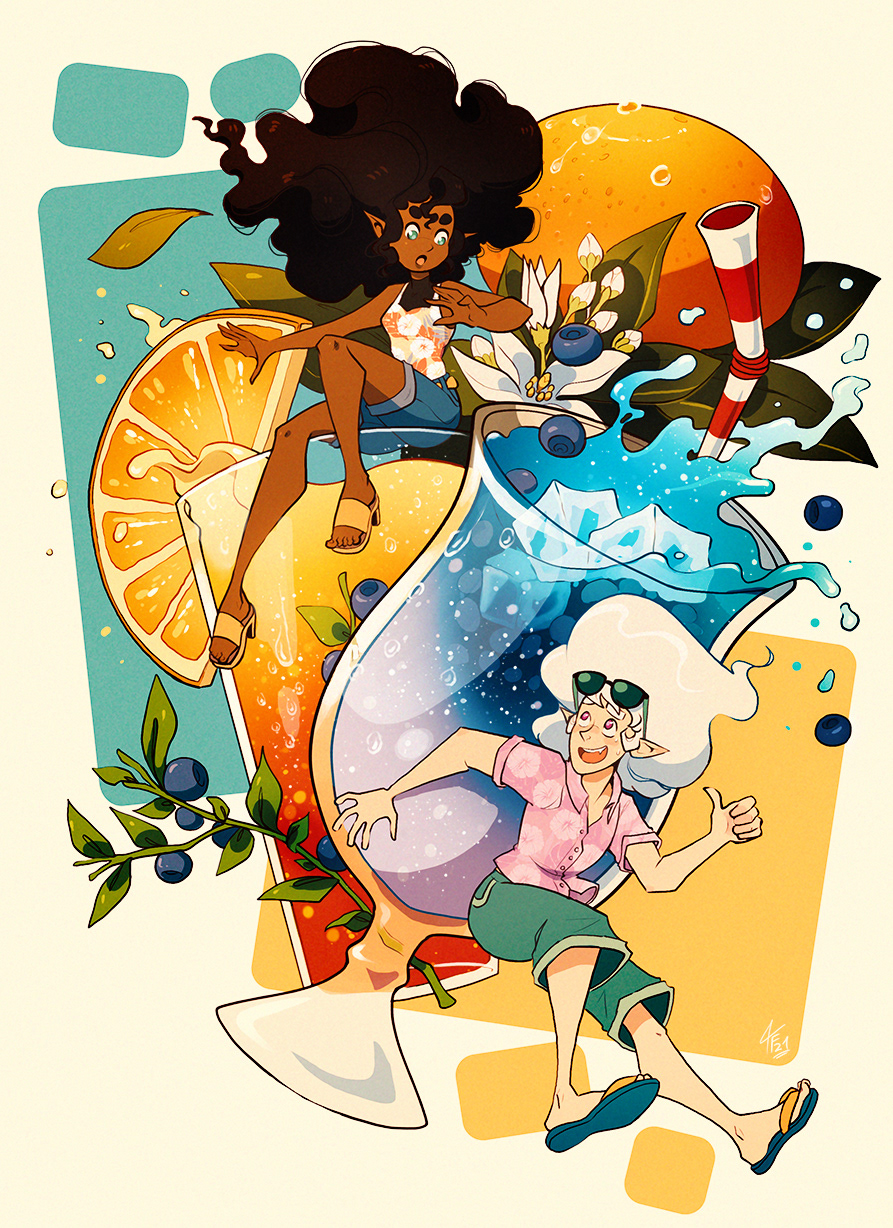 A summery illustration featuring my characters