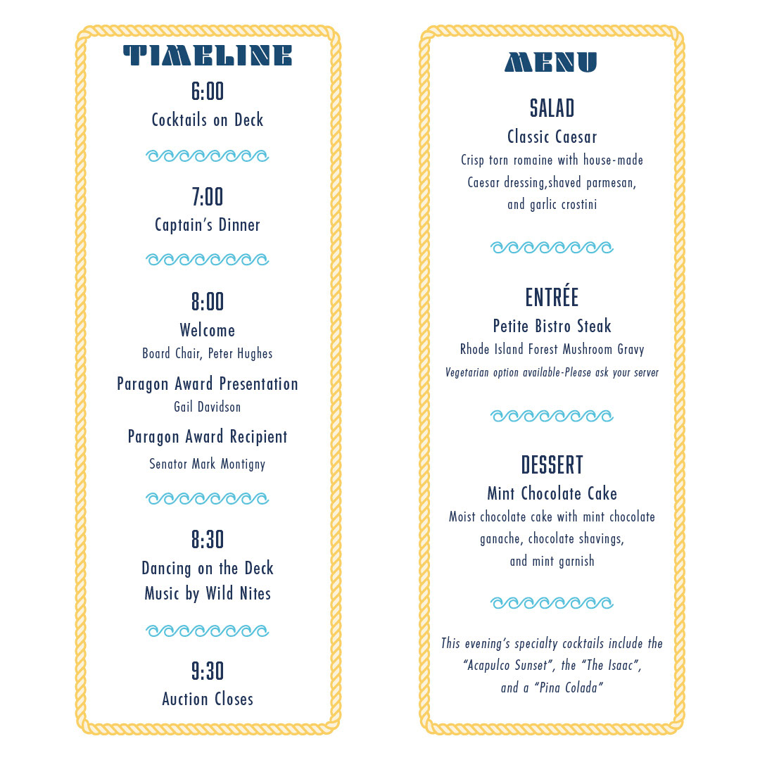 The Center Stage Gala's timeline & menu Cards.