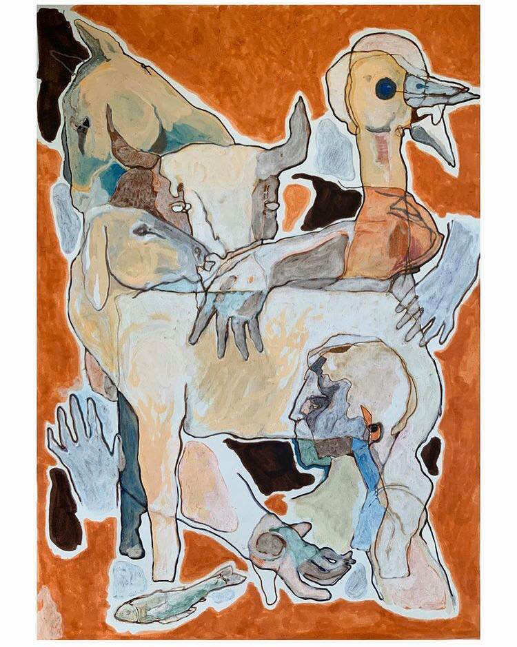 « Wild scramble », acrylic, ink, Marrakech red pigments on heavy grain paper