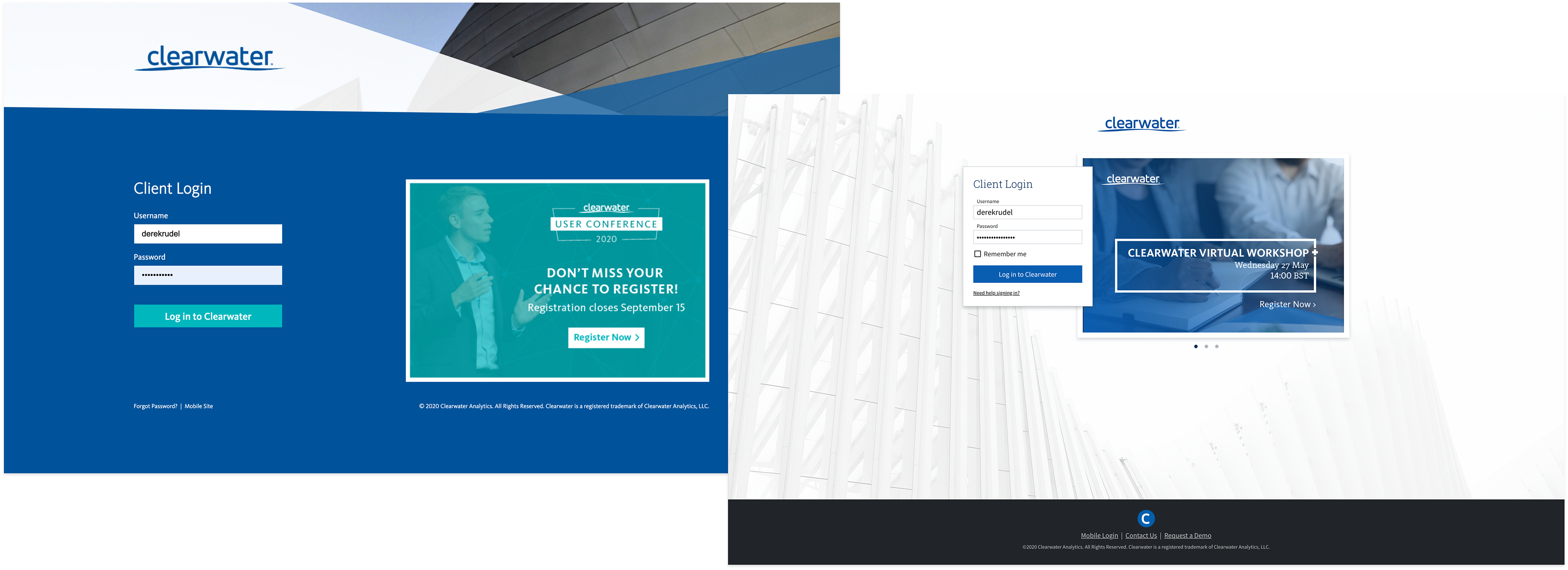 Legacy Clearwater product login (left) compared to refreshed login page featuring updated layout & styling (right).