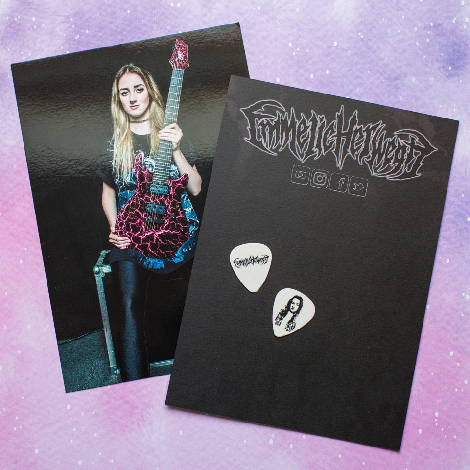 A5 signed photo card + used guitar pick (2020)