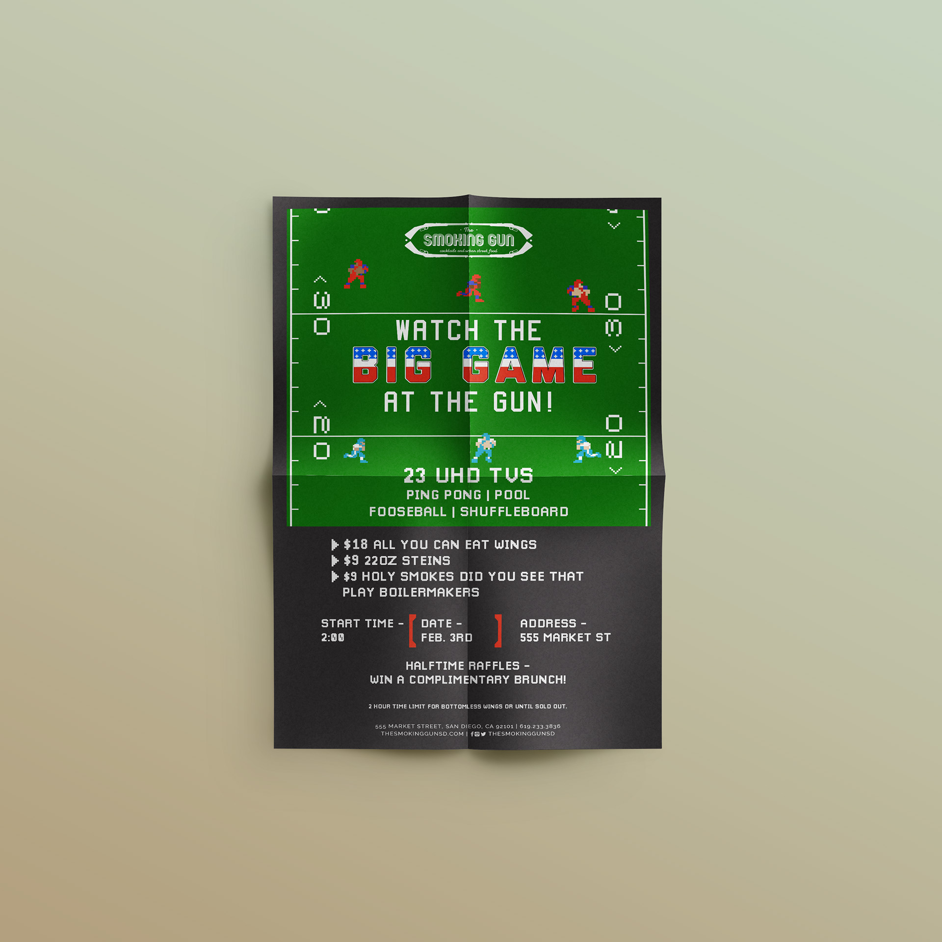 Poster to promote the Super Bowl at the Smoking Gun. The theme for 2018 was Atari.