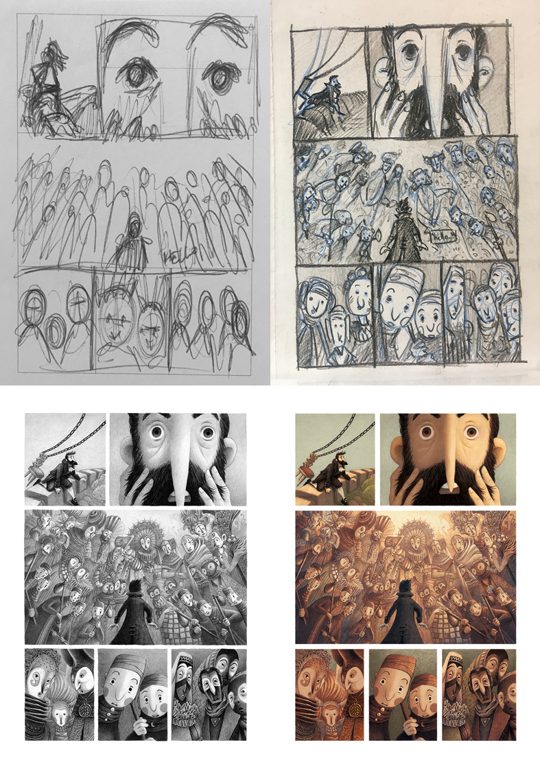 Réalisation d'une planche (crayonné de mise en place, story-board, planche finale, mise en couleur numérique)