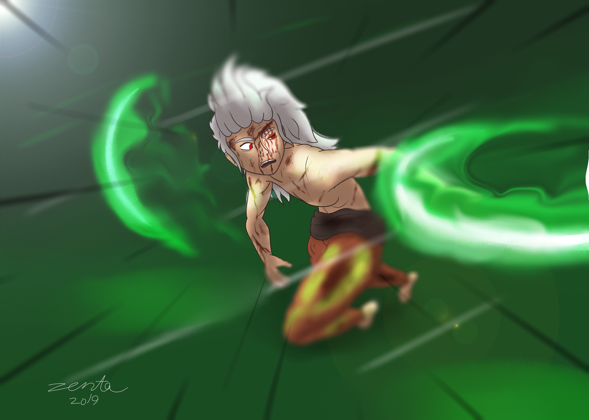 Malus running from energy beams shot by Zenta.