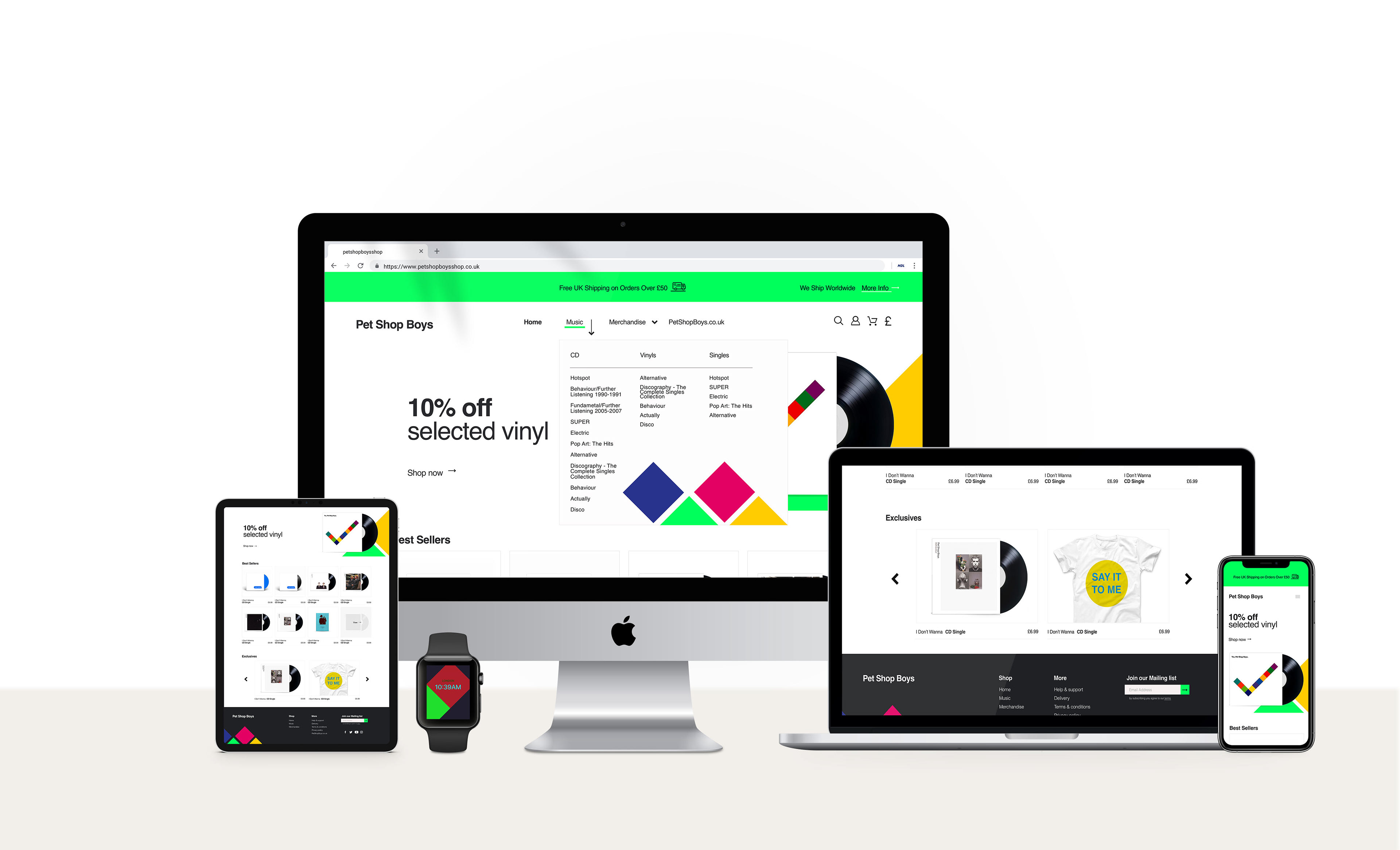 Images of iPhone and Mac showing proposal for the PetShopBoys online store designed by Tails Creative and Graphic Thinking