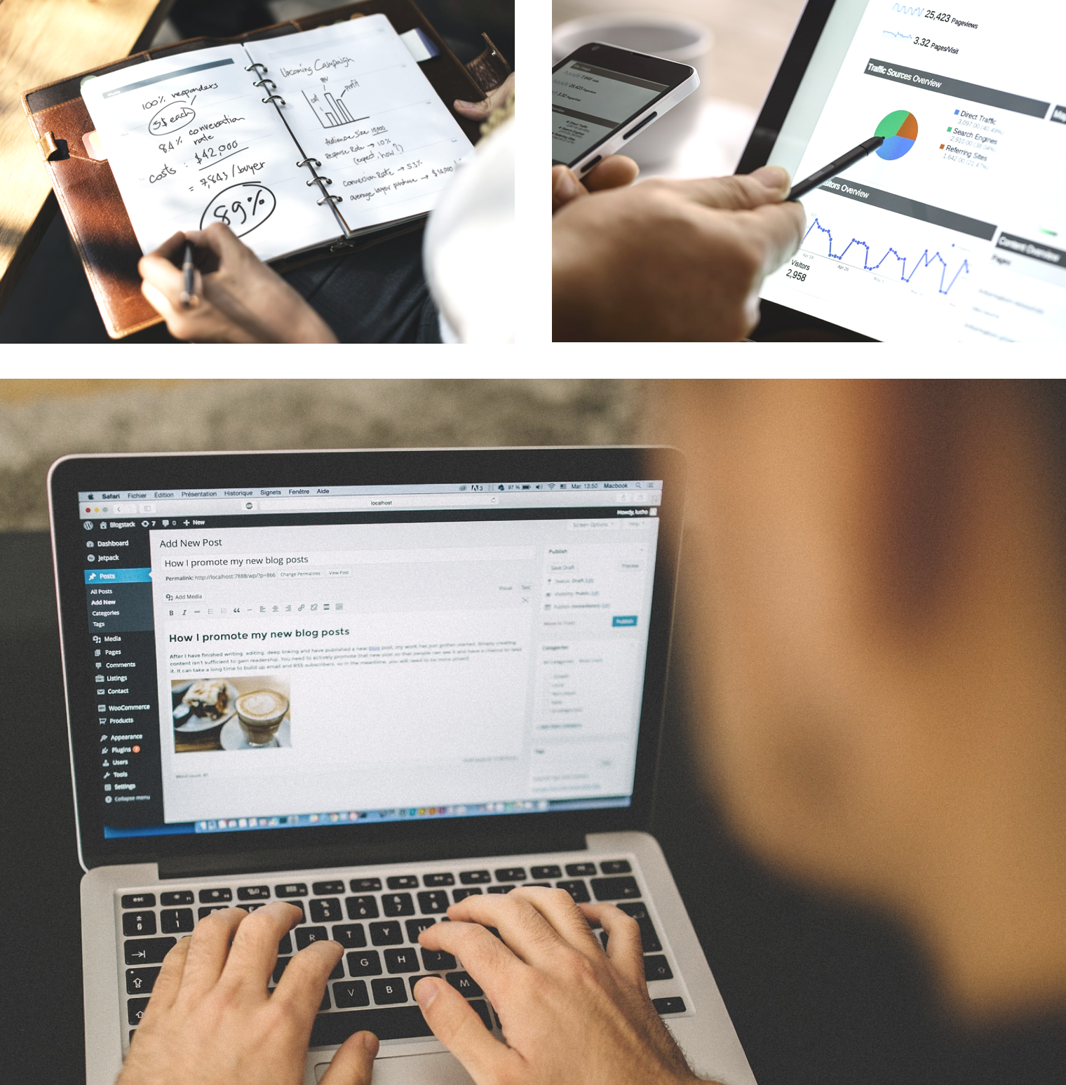 Account managers recording conversion rates in a notebook and viewing Google Analytics and WordPress from their laptop