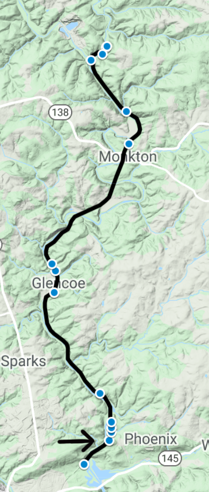Smaller version of the overview map showing the locations of the sites along the trail. An arrow points to the southernmost dot to the west of Phoenix.