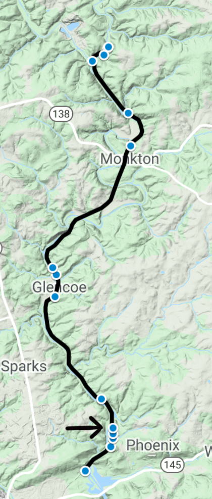Smaller version of the overview map showing the locations of the sites along the trail. An arrow points to the fourth site to the west of Phoenix.