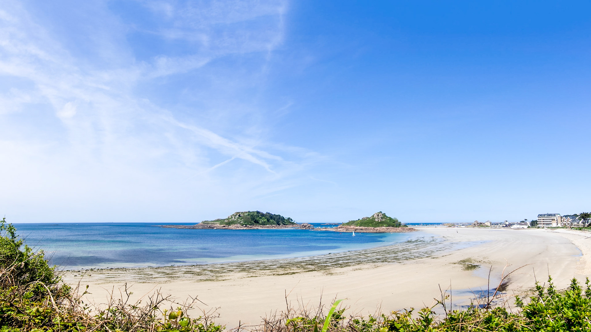 Panoramic view of the beach at Trébeurden, Bretagne. The pale pink sand of the beach against the blue waters of the English Channel. Ile Milliau in the background.