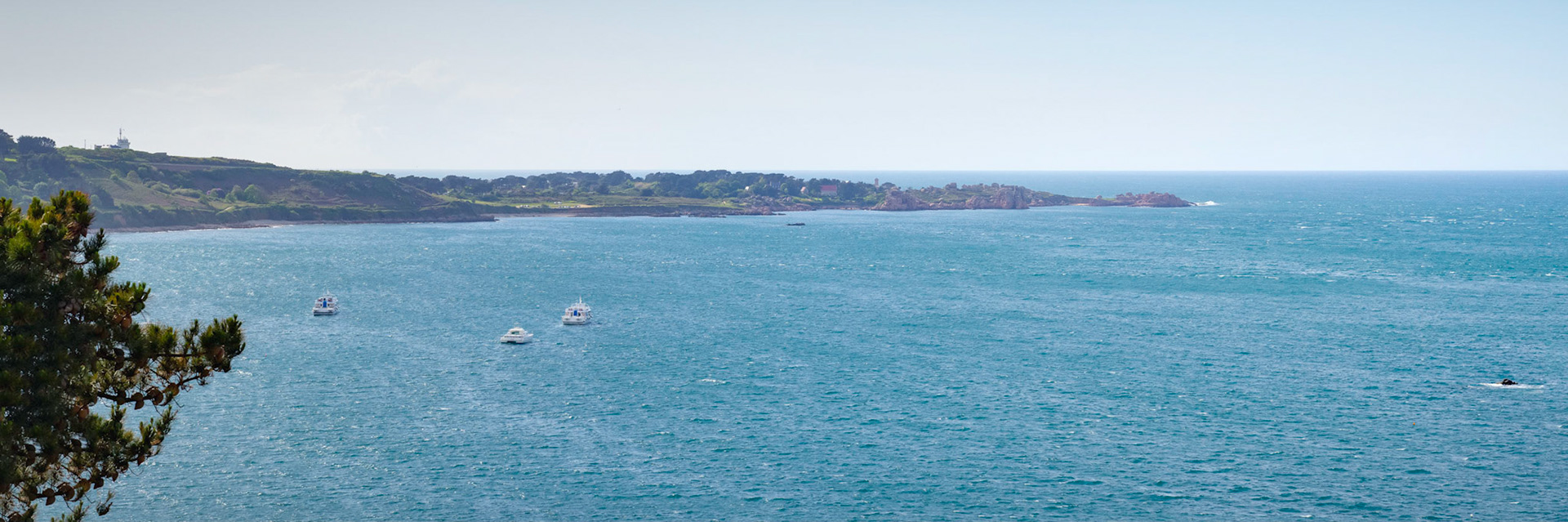 Panoramic view on Ploumanach and the lighthouse Men Ruz, from the high ground in Perros-Guirec, Bretagne