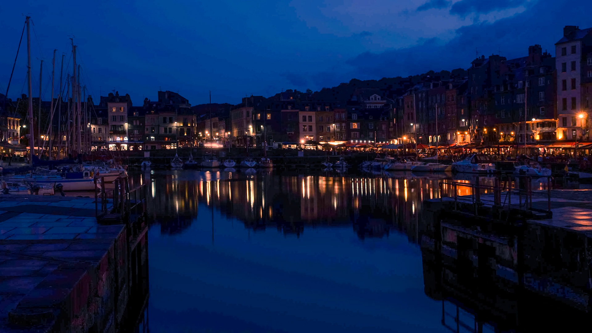 Night photo of the Vieux Bassin harbour in Honfleur, Normandy