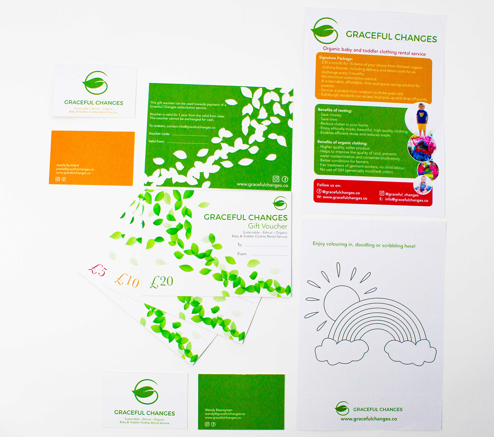 Collection of business cards, gift vouchers and leaflet all in bright yellow, green and red colours in line with company brand. Gift vouchers have green background with white leaf detail