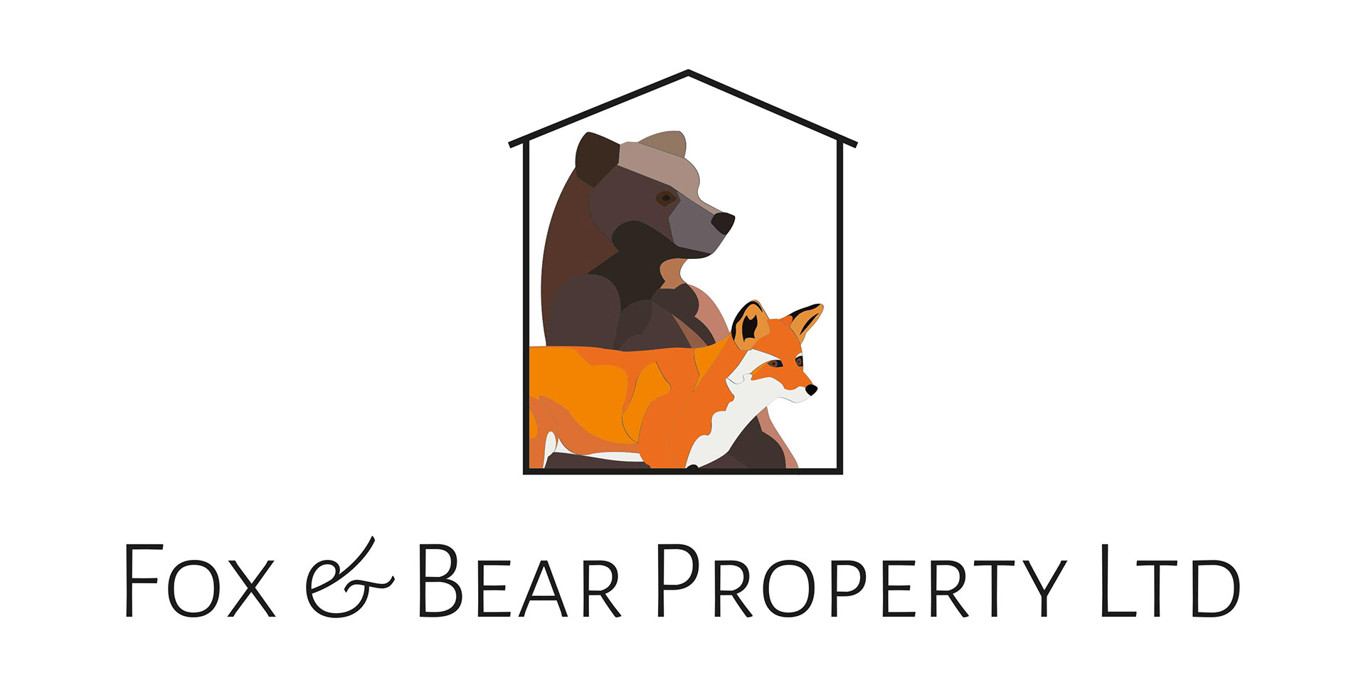 Brown bear & orange fox encased in black outline of house. Centered over words Fox & Bear Property