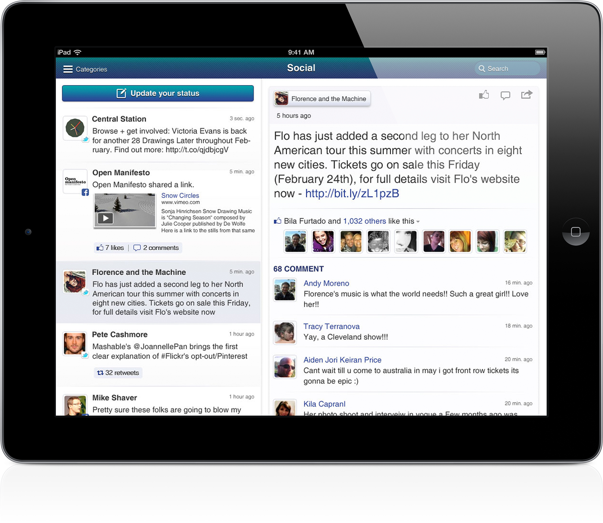 iPad view of multimi social tab showing a list of posts and a preview of a selected social post.