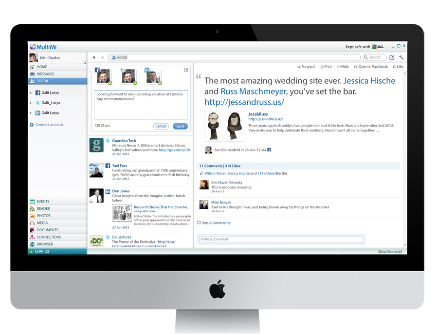 Desktop computer view of multimi social tab showing a list of posts and a preview of a selected social post.