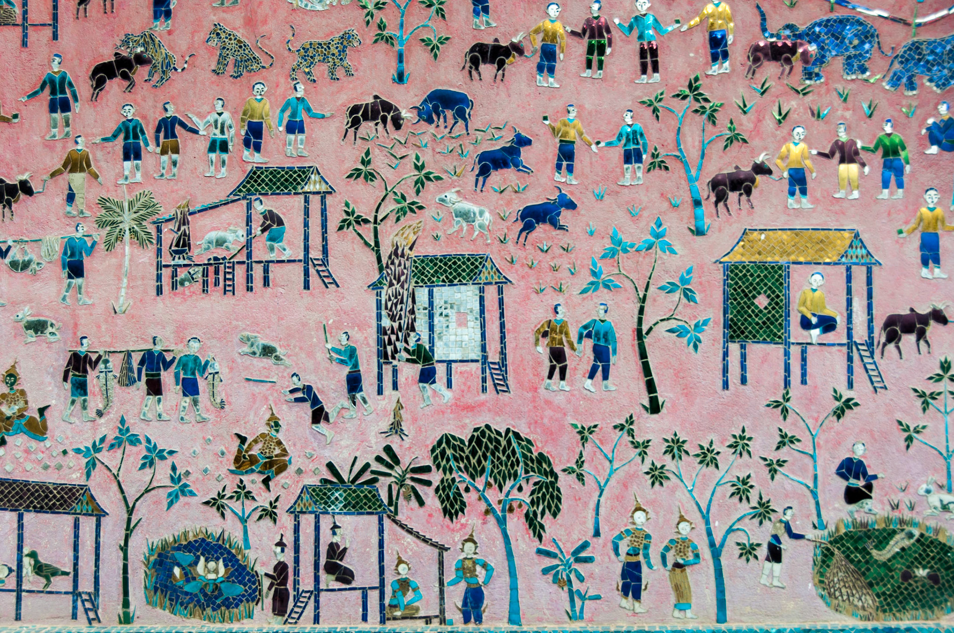 Laos, Luang Prabang, Wat Xieng Thong, detail of glass mural