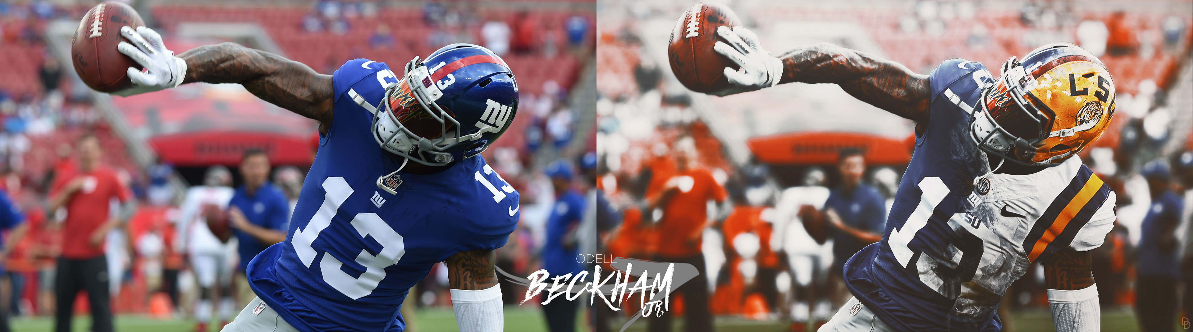 Odell Beckham Jr, former wide receiver of the New York Giants, jersey merged with his college jersey, LSU.