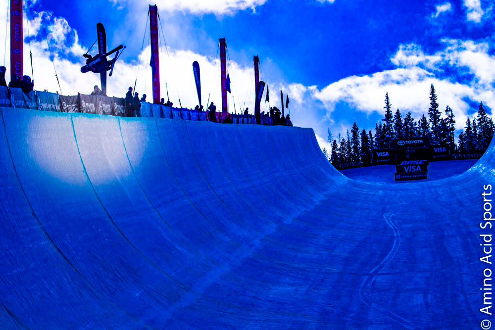 New Zealand national Miguel Porteuos, launches off the skiers' Right Wall, for his Corked Back 540*