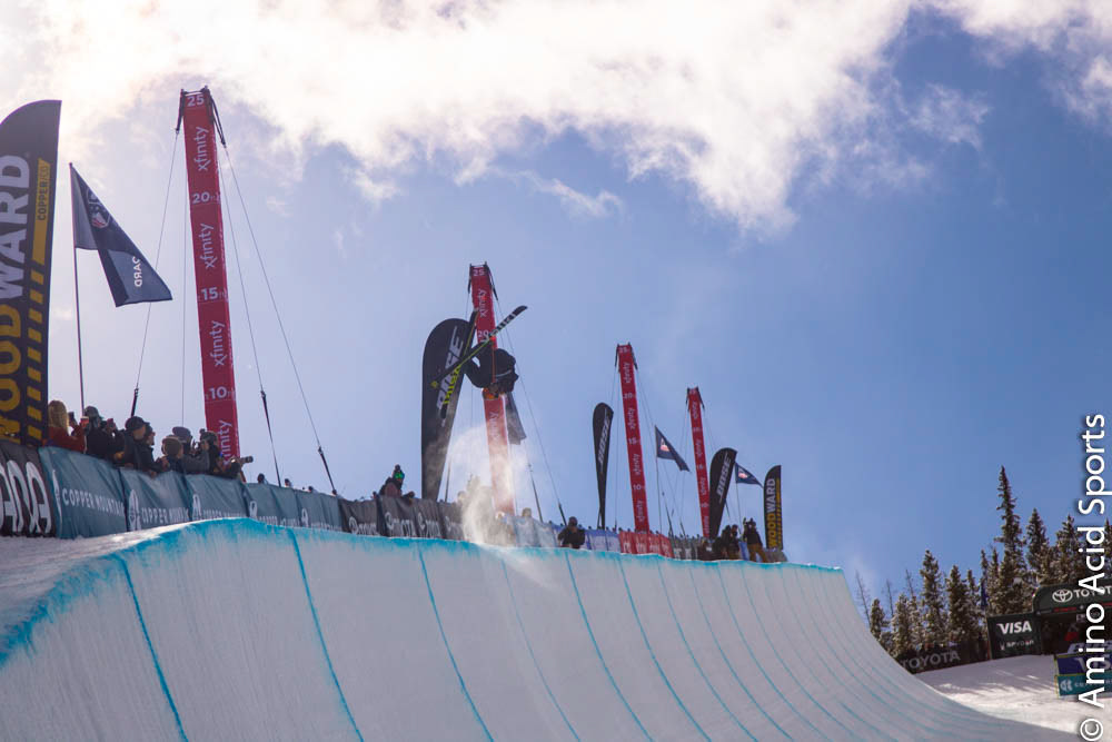 Maddie Bowman flares up inverted heli 900* to finish Run 1 in Copper's Halfpipe
