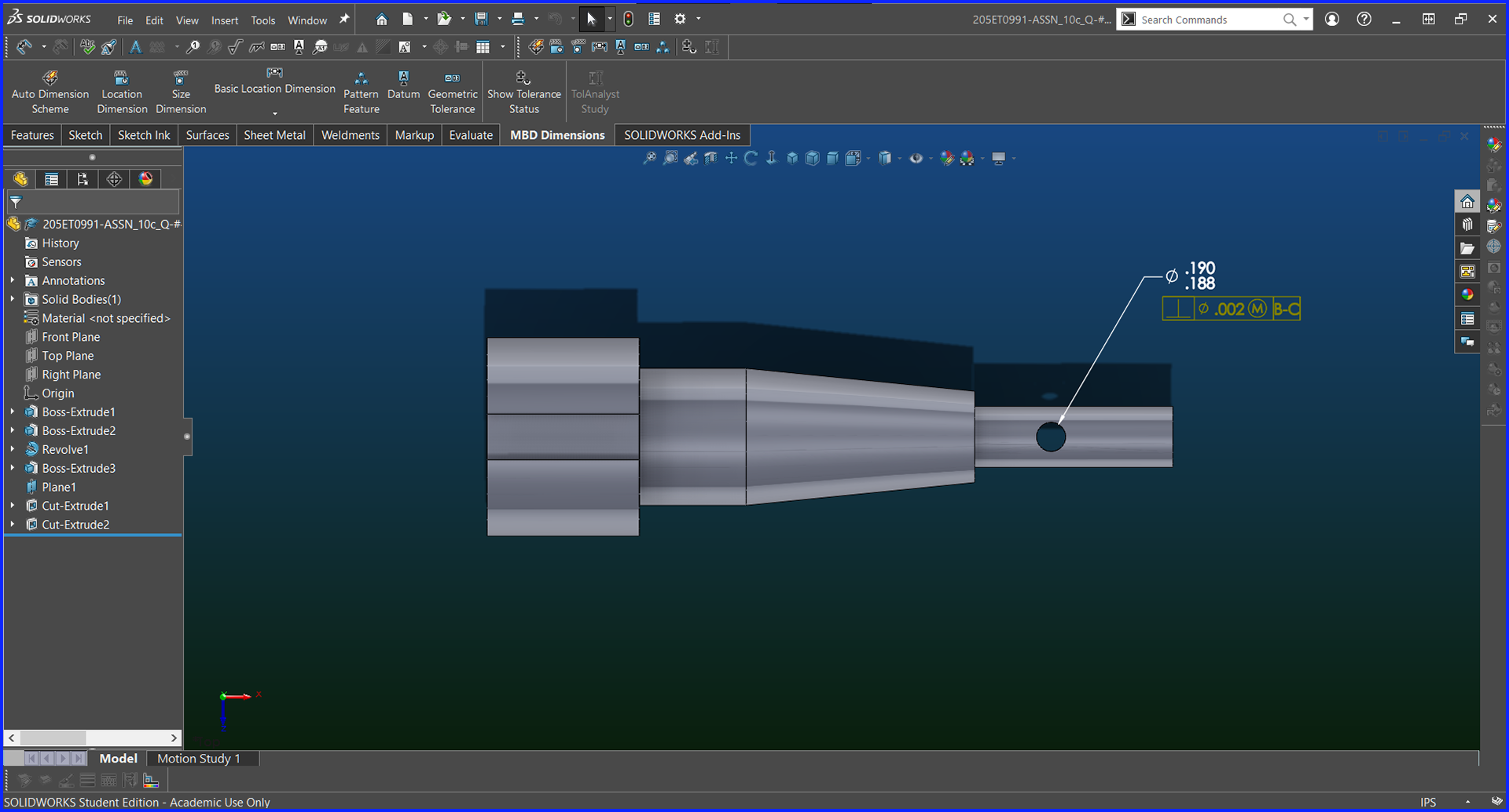 Spindle - Model Based Definition w/ GD&T - Right View - Solidworks