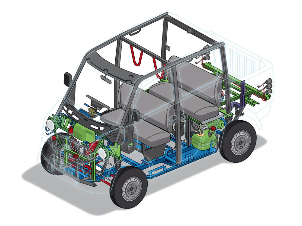 Exploded technical cutaway illustration of the Multix car for a automotive business
