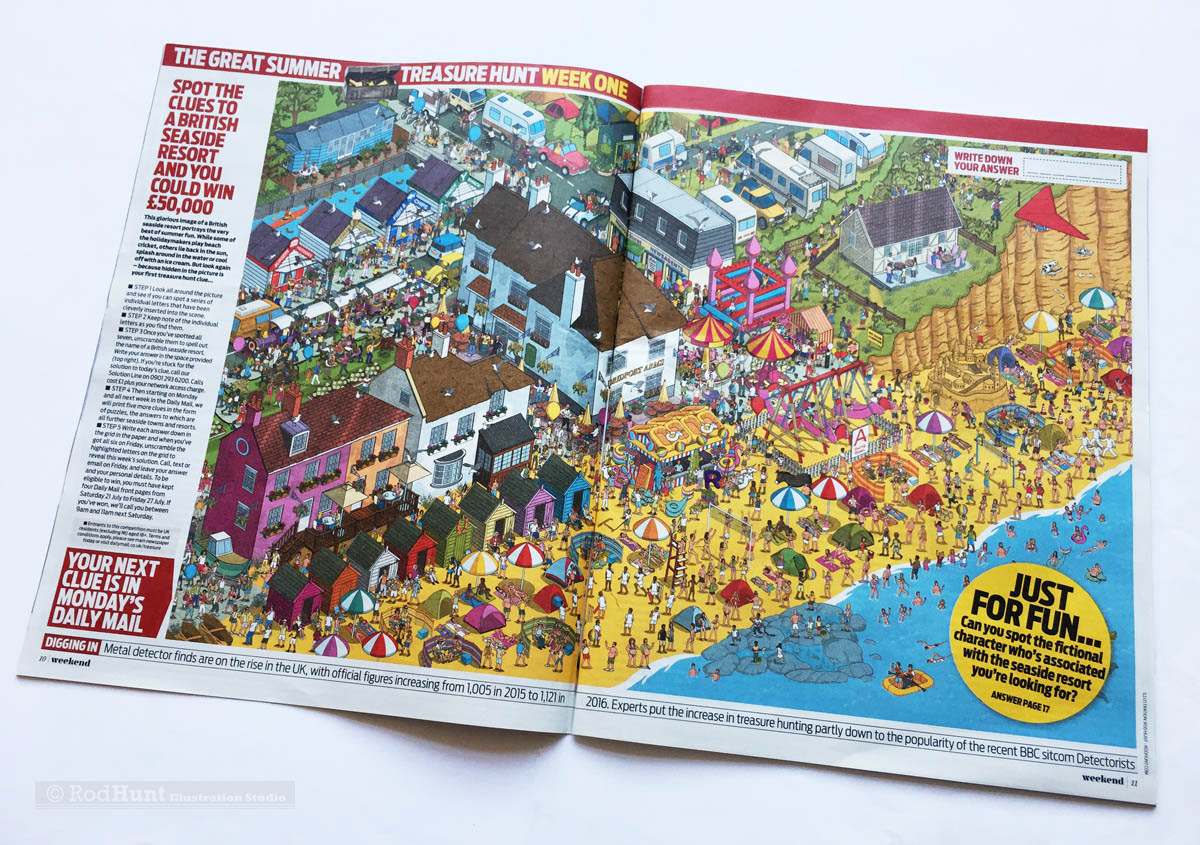 Seaside Search and Find Game - Highly detailed Isometric Illustration in Print